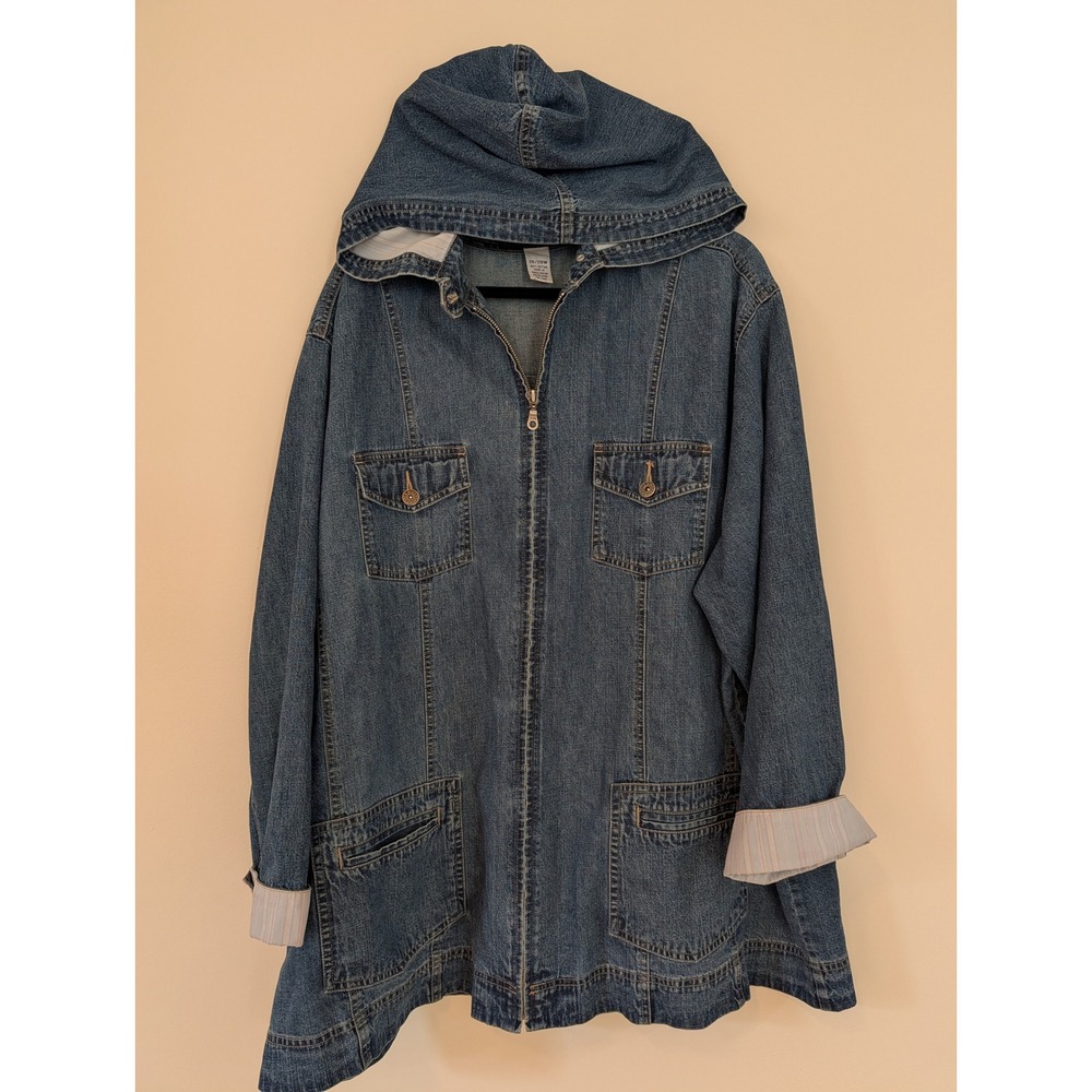 VTG LA Blues Hooded Denim Jacket Coat Womens 26/28W 3X 4X Striped Cuff Medium